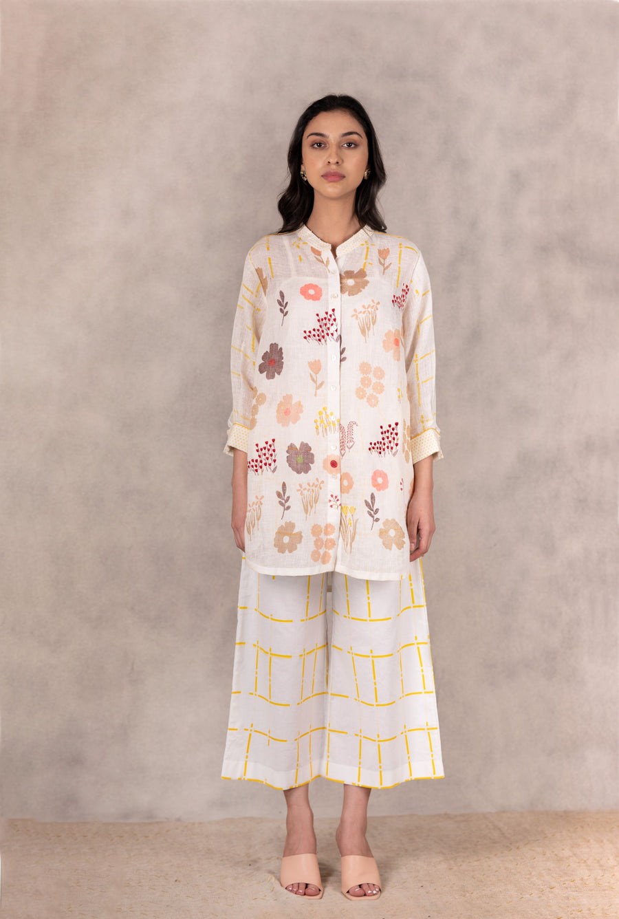 Floral Printed And Embroidered Long Shirt And Pants In Linen-Co-Ord Set-ARCVSH by Pallavi Singh