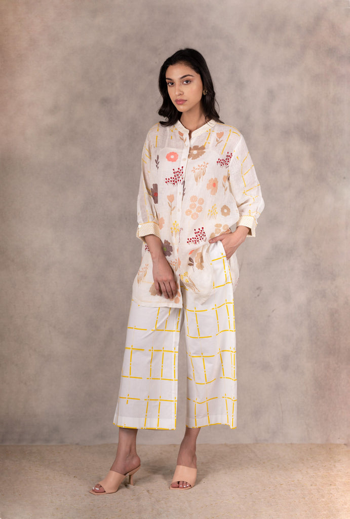 Hand Block Floral Print Long Shirt With Embroidery In Gauze Linen-Shirt-ARCVSH by Pallavi Singh