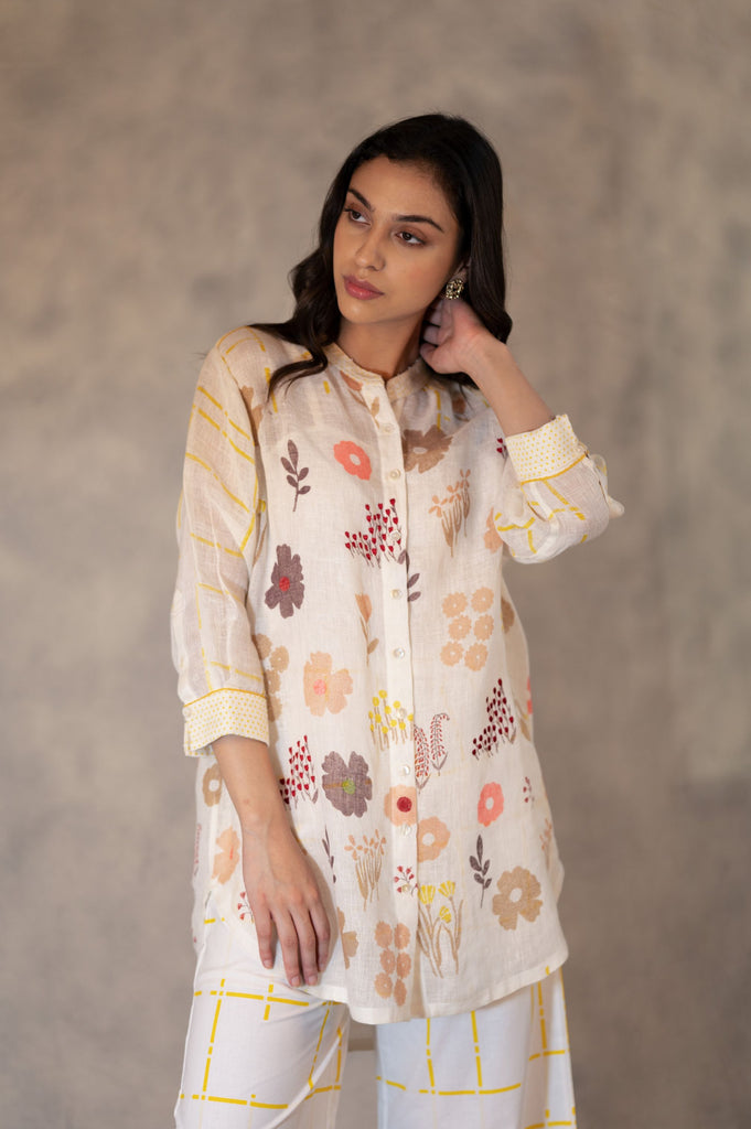 Hand Block Floral Print Long Shirt With Embroidery In Gauze Linen-Shirt-ARCVSH by Pallavi Singh