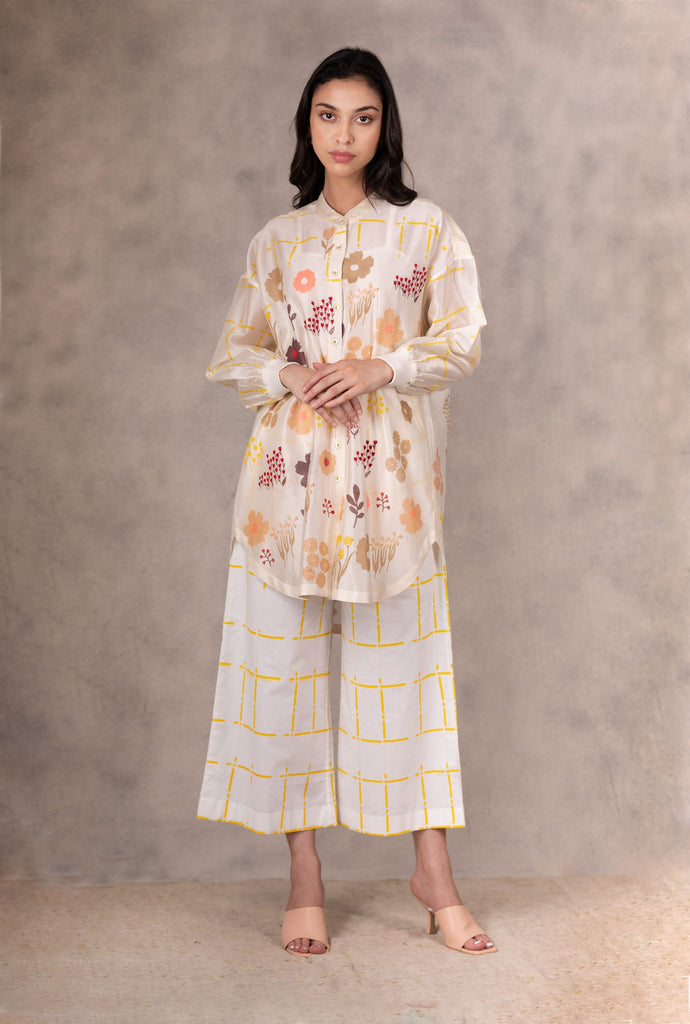 Hand Block Floral Print Long Shirt With Embroidery In Chanderi-Shirt-ARCVSH by Pallavi Singh