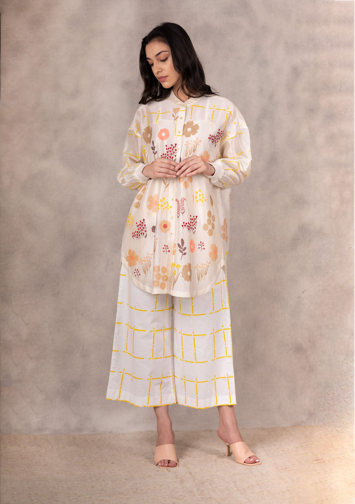 Floral Printed And Embroidered Chanderi Long Shirt And Linen Pants-Co-Ord Set-ARCVSH by Pallavi Singh