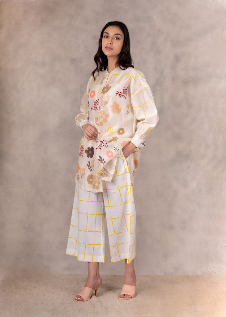 Hand Block Floral Print Long Shirt With Embroidery In Chanderi-Shirt-ARCVSH by Pallavi Singh