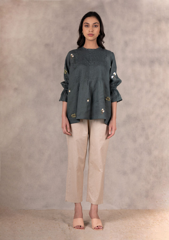 Forest Green Pin Tuck Embroidered Top With Pants In Linen-Co-Ord Set-ARCVSH by Pallavi Singh