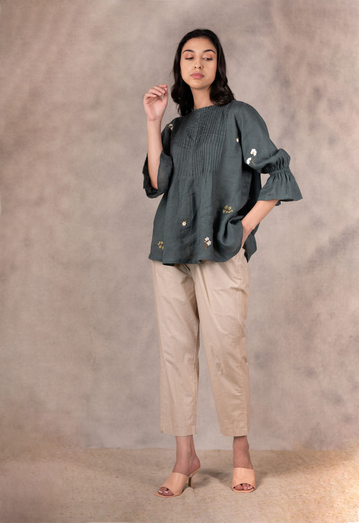 Forest Green Ahnd Embroidered Pin Tuck Top In Linen-Top-ARCVSH by Pallavi Singh