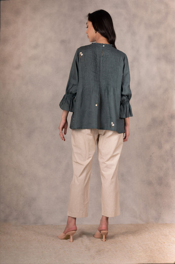 Forest Green Pin Tuck Embroidered Top With Pants In Linen-Co-Ord Set-ARCVSH by Pallavi Singh