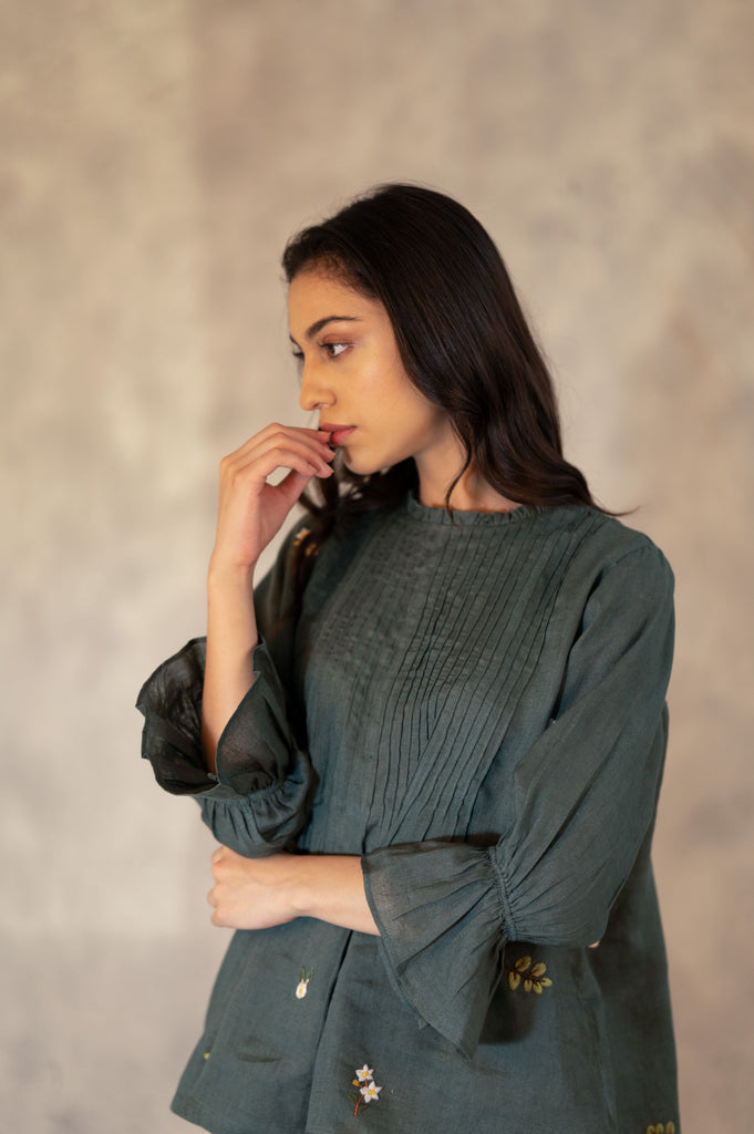 Forest Green Ahnd Embroidered Pin Tuck Top In Linen-Top-ARCVSH by Pallavi Singh