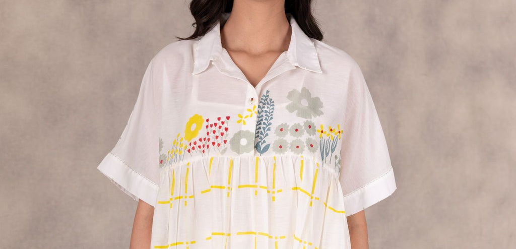 Daisy And Checks Print Top With Handmade Details In Cotton Silk-Top-ARCVSH by Pallavi Singh