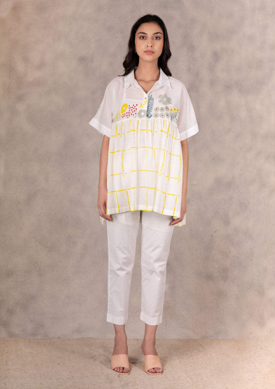 Daisy And Checks Print Top With Handmade Details In Cotton Silk And Linen Pants Set-Co-Ord Set-ARCVSH by Pallavi Singh