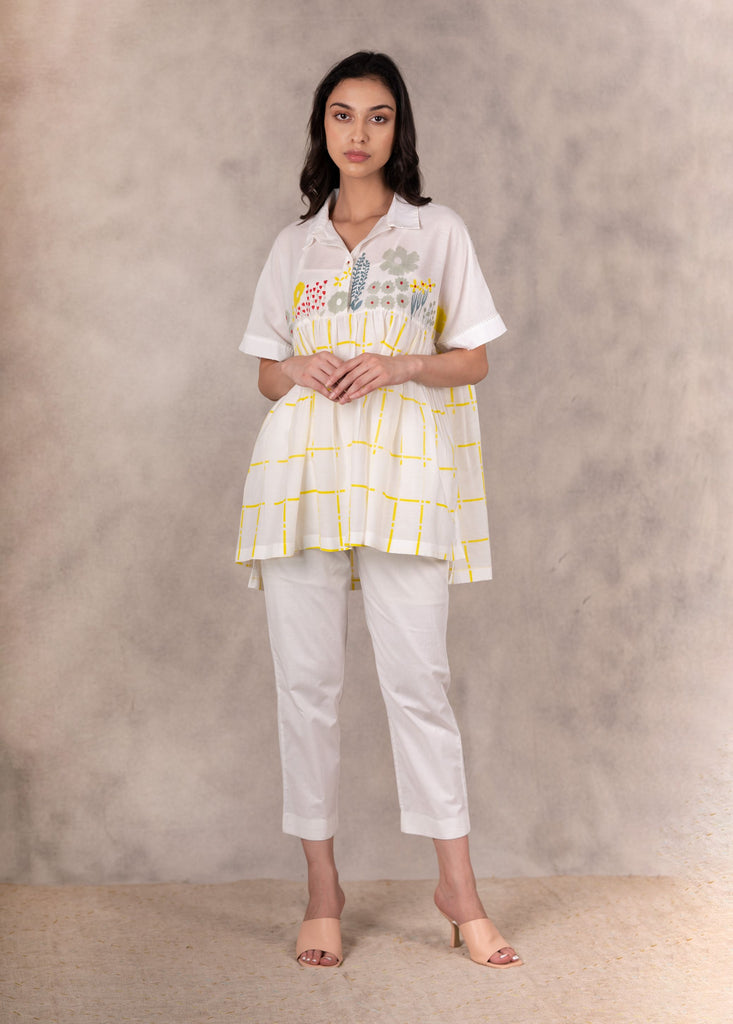 Daisy And Checks Print Top With Handmade Details In Cotton Silk-Top-ARCVSH by Pallavi Singh