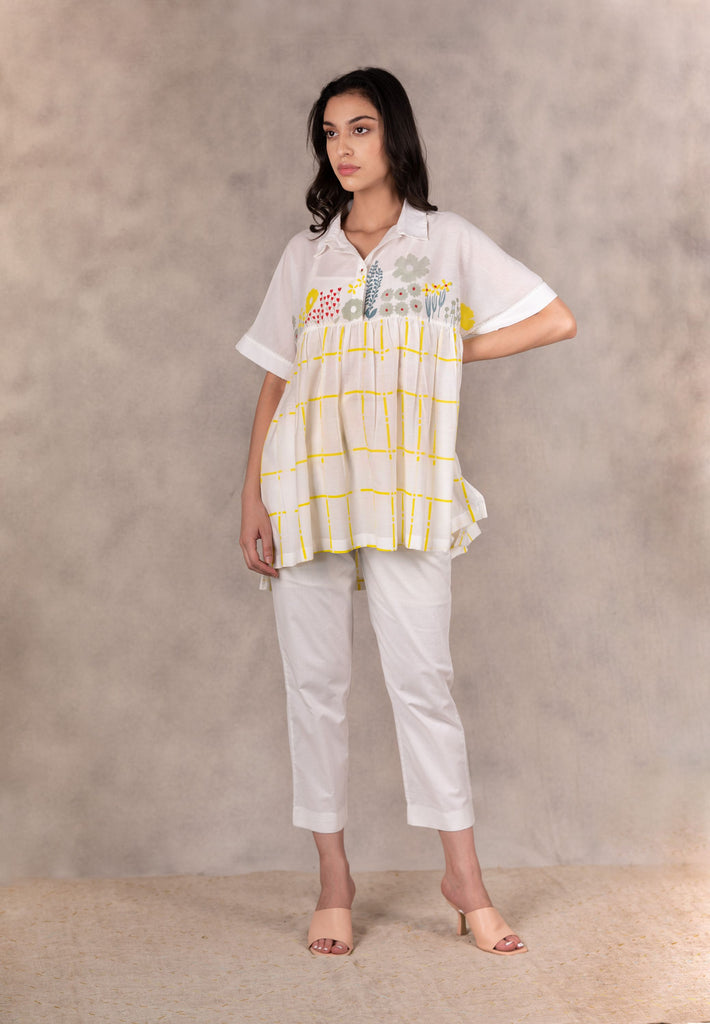 Daisy And Checks Print Top With Handmade Details In Cotton Silk And Linen Pants Set-Co-Ord Set-ARCVSH by Pallavi Singh