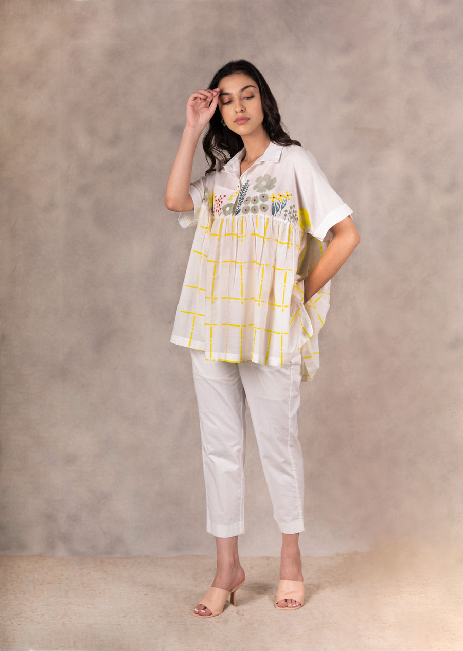 Daisy And Checks Print Top With Handmade Details In Cotton Silk-Top-ARCVSH by Pallavi Singh