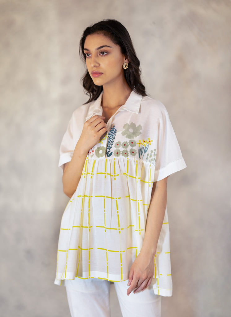 Daisy And Checks Print Top With Handmade Details In Cotton Silk-Top-ARCVSH by Pallavi Singh