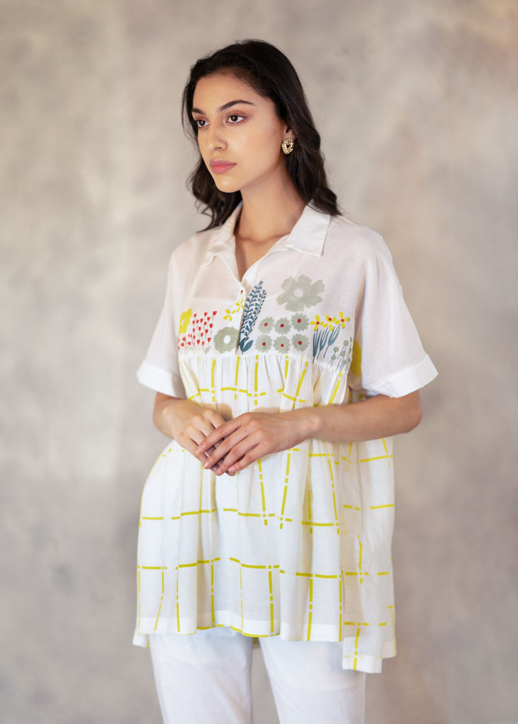 Daisy And Checks Print Top With Handmade Details In Cotton Silk-Top-ARCVSH by Pallavi Singh