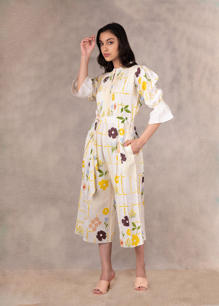 Hand Block Floral Jumpsuit With Hand Made Details In Linen-Jumpsuit-ARCVSH by Pallavi Singh