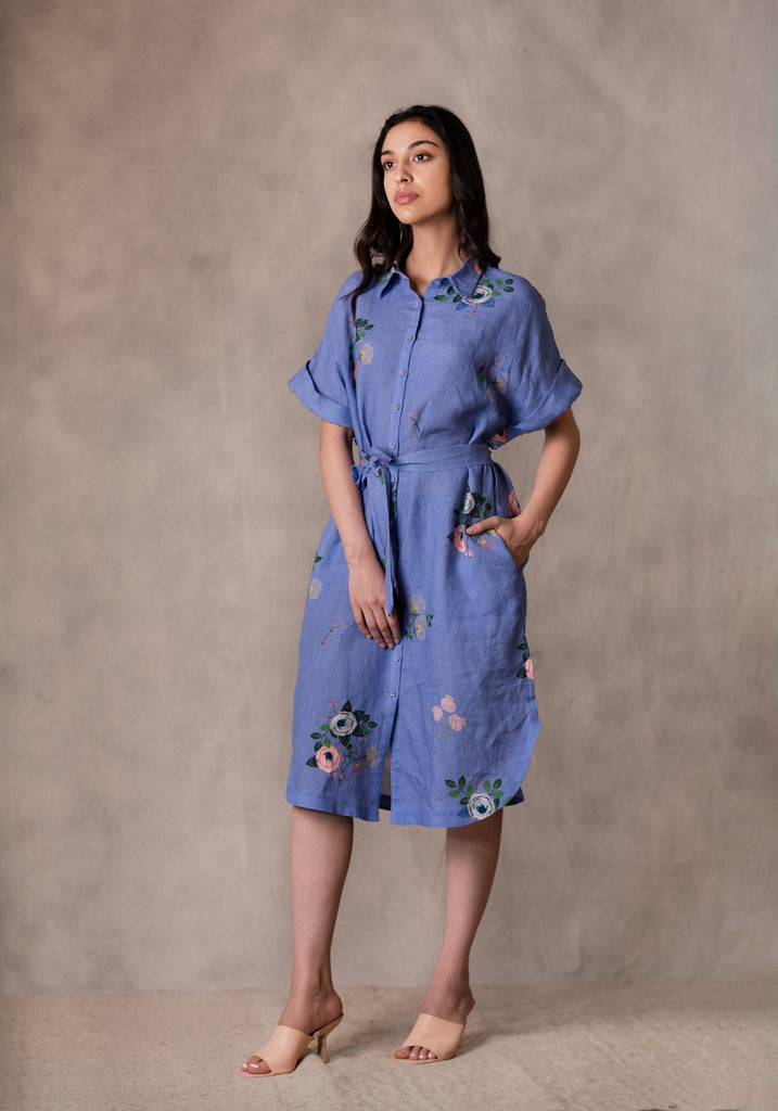 Twilight Eden Print Shirt Dress In Linen With Hand Embroidery Details-Shirt Dress-ARCVSH by Pallavi Singh