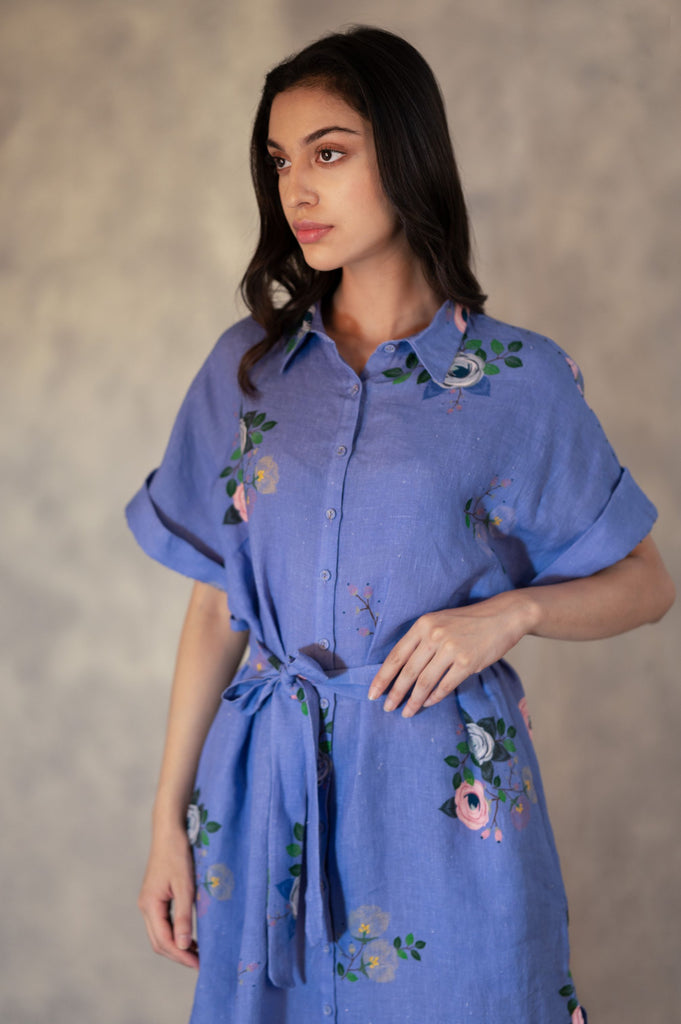 Twilight Eden Print Shirt Dress In Linen With Hand Embroidery Details-Shirt Dress-ARCVSH by Pallavi Singh