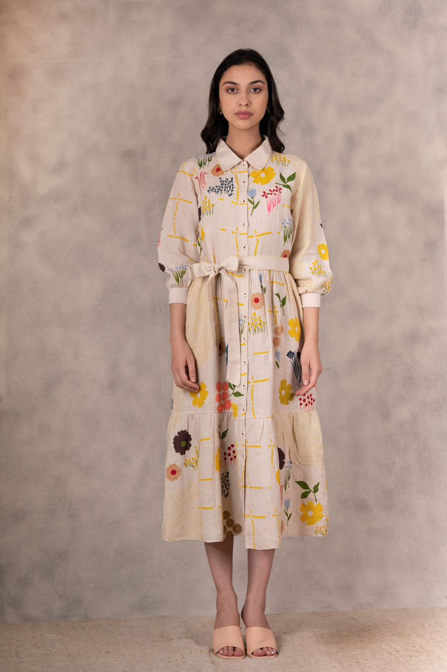 Floral Print Tiered Dress With Hand Made Details In Linen-Dress-ARCVSH by Pallavi Singh