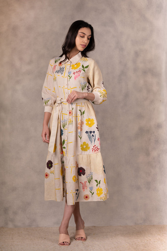 Floral Print Tiered Dress With Hand Made Details In Linen-Dress-ARCVSH by Pallavi Singh