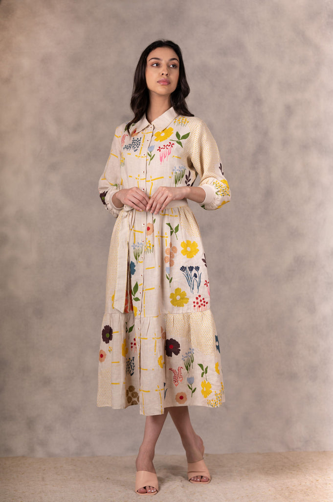 Floral Print Tiered Dress With Hand Made Details In Linen-Dress-ARCVSH by Pallavi Singh