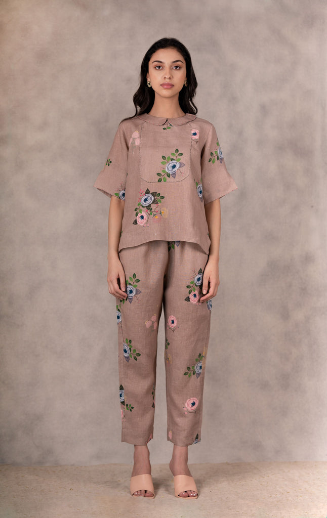 Almond Eden Print Top In Linen With Hand Embroidery Details-Top-ARCVSH by Pallavi Singh