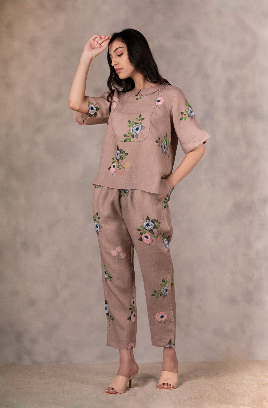 Almond Eden Print Linen Pants-Pants-ARCVSH by Pallavi Singh