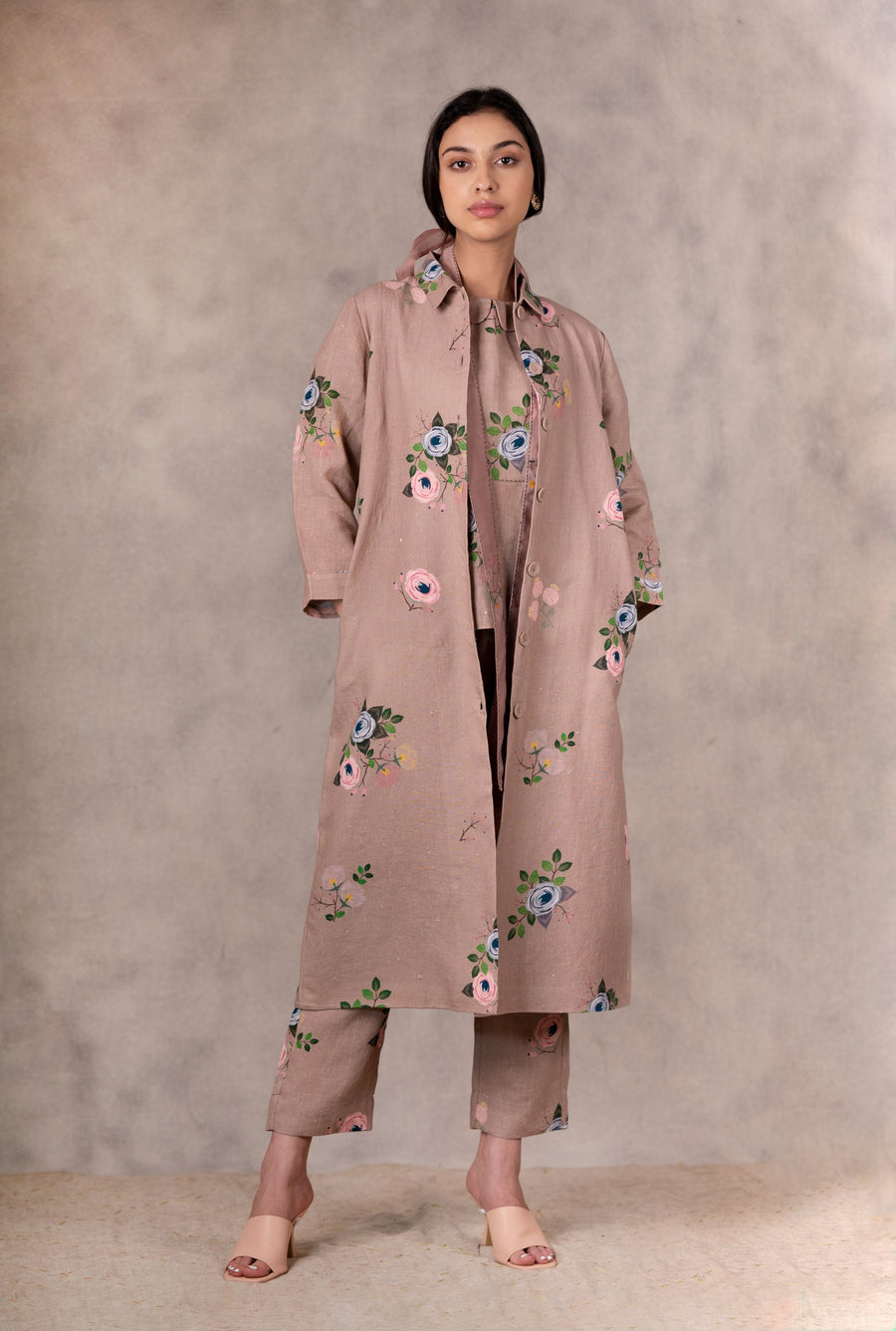 Almond Eden Print Top In Linen With Hand Embroidery Details-Jacket-ARCVSH by Pallavi Singh