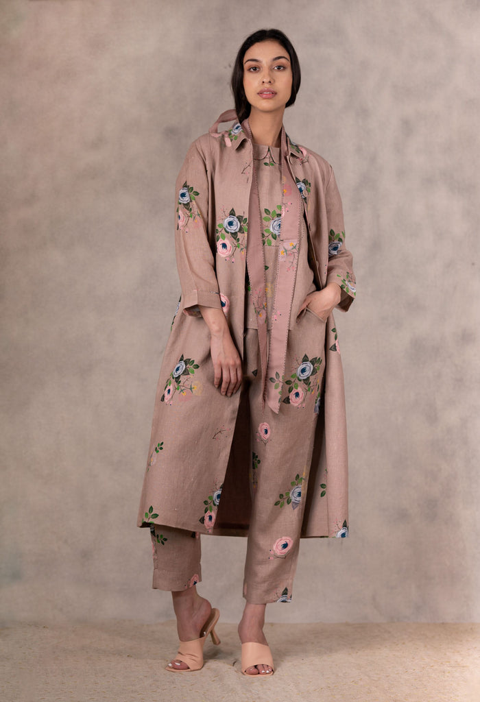 Almond Eden Print Top , Pants And Jacket Set In Linen With Hand Embroidery Details-Jacket, Pants And Top Set-ARCVSH by Pallavi Singh