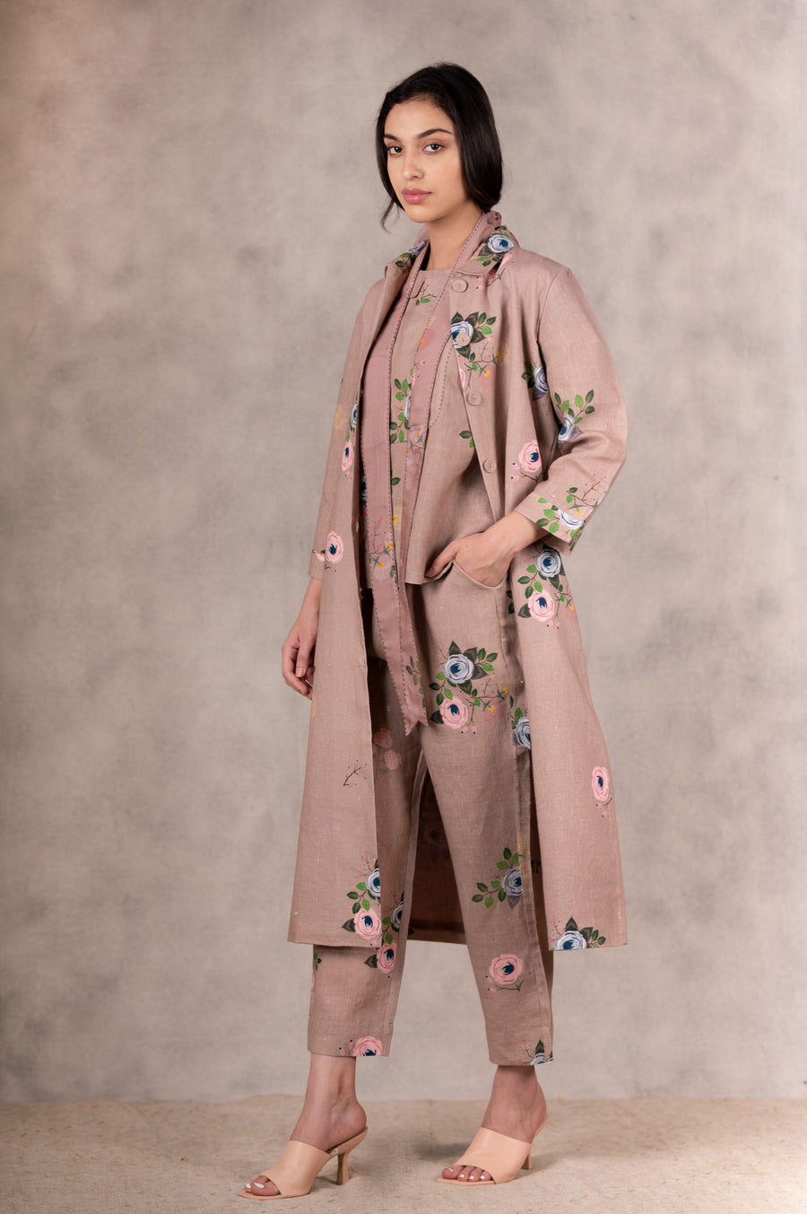 Almond Eden Print Top , Pants And Jacket Set In Linen With Hand Embroidery Details-Jacket, Pants And Top Set-ARCVSH by Pallavi Singh