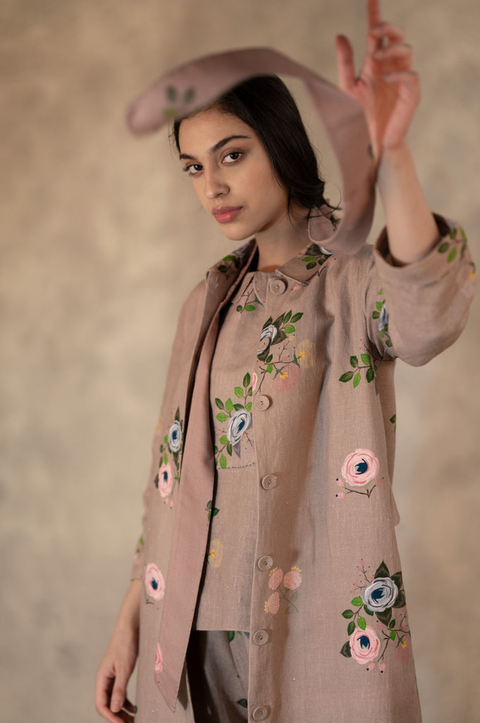Almond Eden Print Top , Pants And Jacket Set In Linen With Hand Embroidery Details-Jacket, Pants And Top Set-ARCVSH by Pallavi Singh
