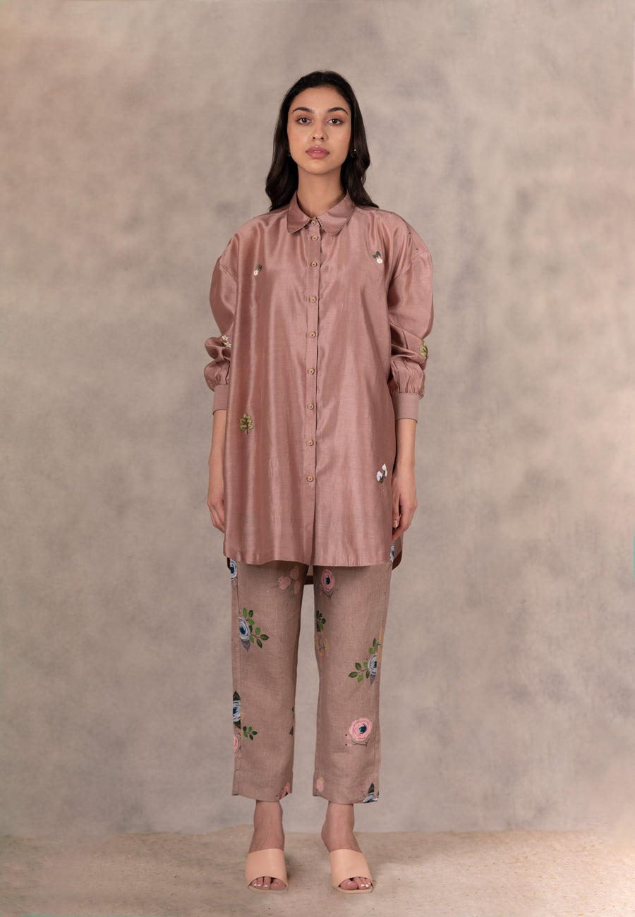 Almond Hand Embroidered Shirt In Chanderi With Printed Pants In Linen Set-Co-Ord Set-ARCVSH by Pallavi Singh
