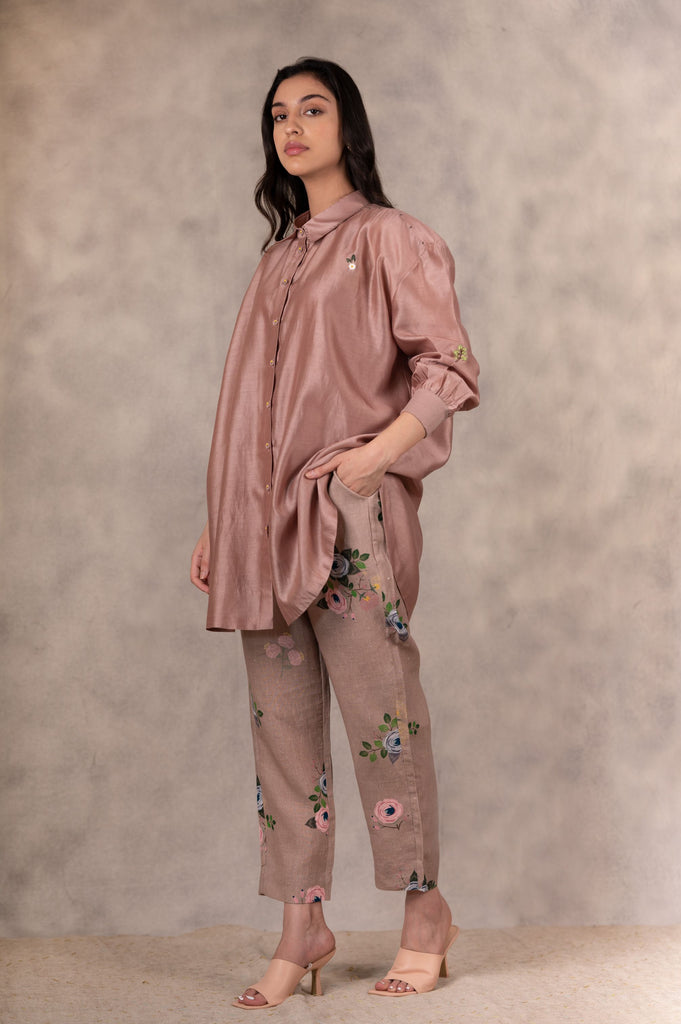 Almond Hand Embroidered Shirt In Chanderi With Printed Pants In Linen Set-Co-Ord Set-ARCVSH by Pallavi Singh
