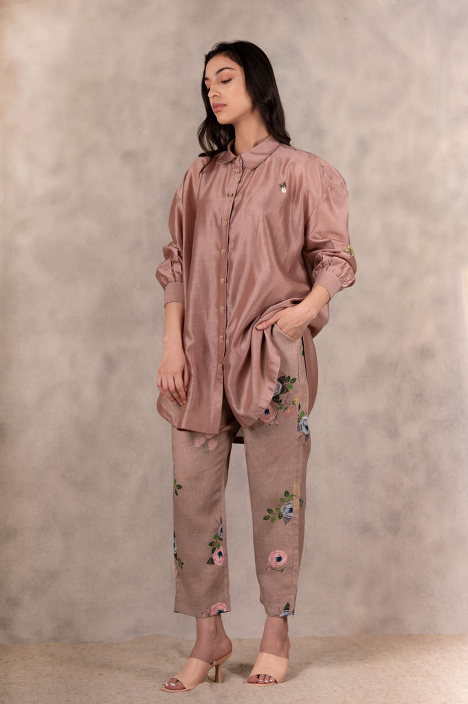 Almond Hand Embroidered Shirt In Chanderi With Printed Pants In Linen Set-Co-Ord Set-ARCVSH by Pallavi Singh