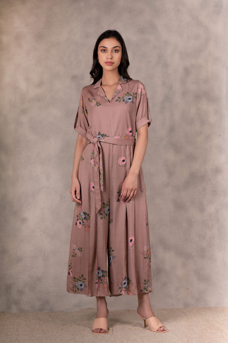 Almond Eden Print Jumpsuit In Bemberg With Hand Embroidery Details-Jumpsuit-ARCVSH by Pallavi Singh