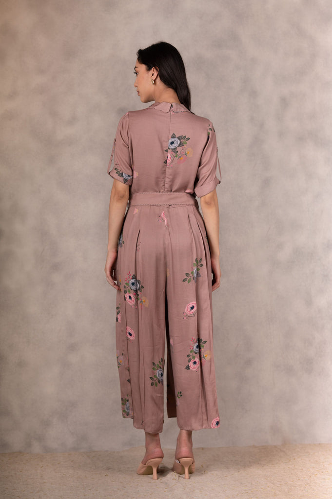 Almond Eden Print Jumpsuit In Bemberg With Hand Embroidery Details-Jumpsuit-ARCVSH by Pallavi Singh