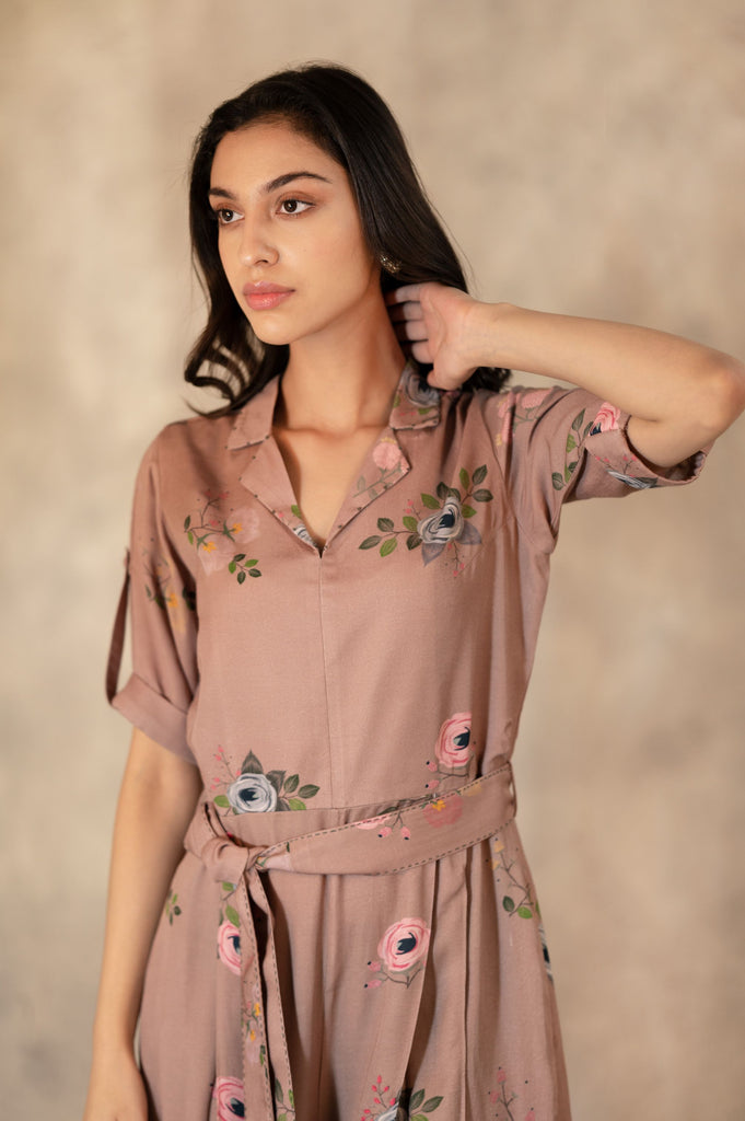 Almond Eden Print Jumpsuit In Bemberg With Hand Embroidery Details-Jumpsuit-ARCVSH by Pallavi Singh