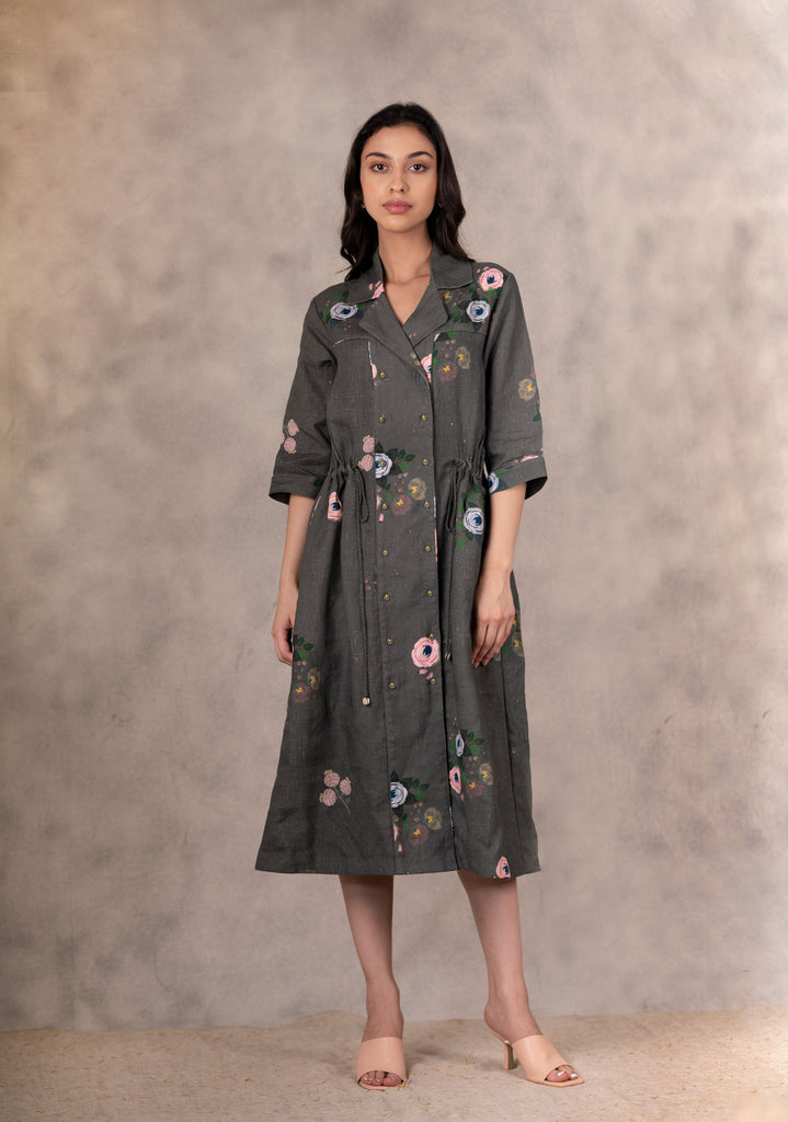 Forest Green Eden Print Shirt Dress In Linen With Hand Embroidery Details-Shirt Dress-ARCVSH by Pallavi Singh