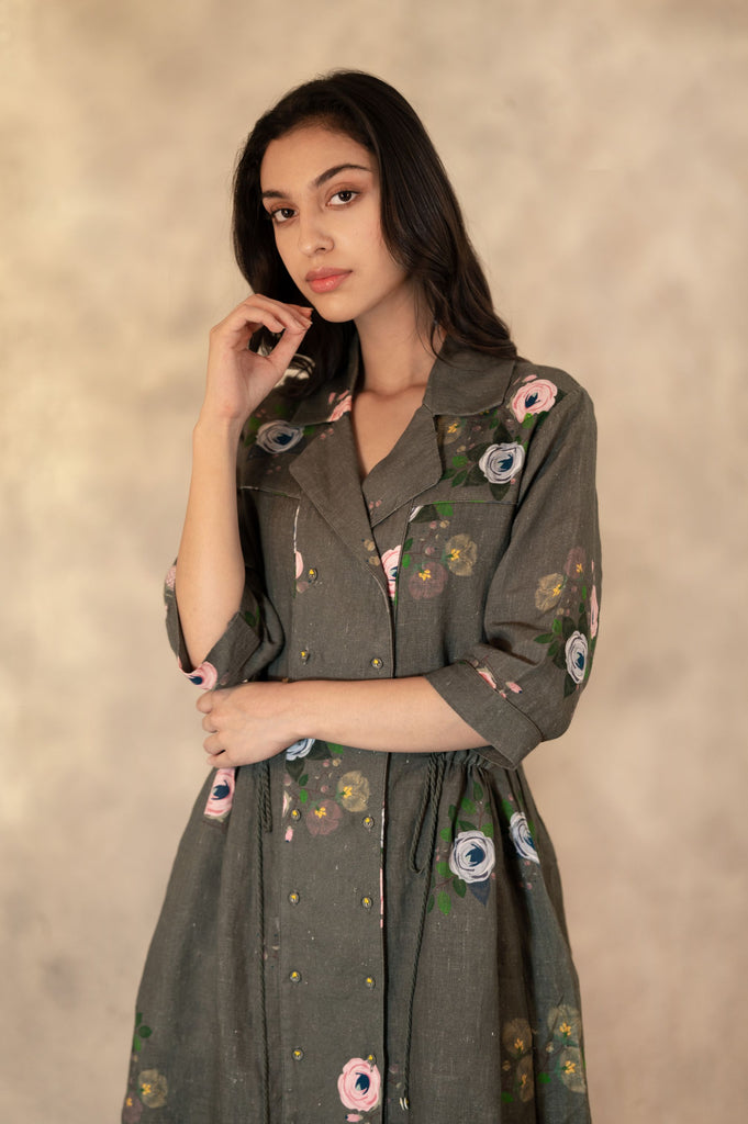 Forest Green Eden Print Shirt Dress In Linen With Hand Embroidery Details-Shirt Dress-ARCVSH by Pallavi Singh