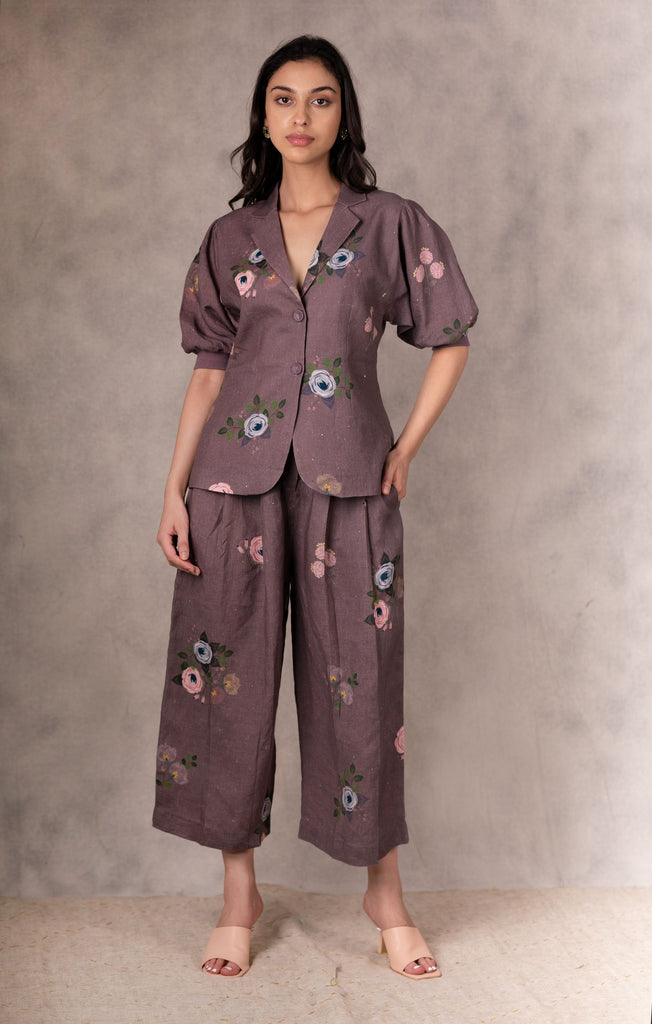 Grape Berry Eden Print Jacket And Culottes In Linen With Ahnd Embroider Details-Culotte And Jacket Set-ARCVSH by Pallavi Singh