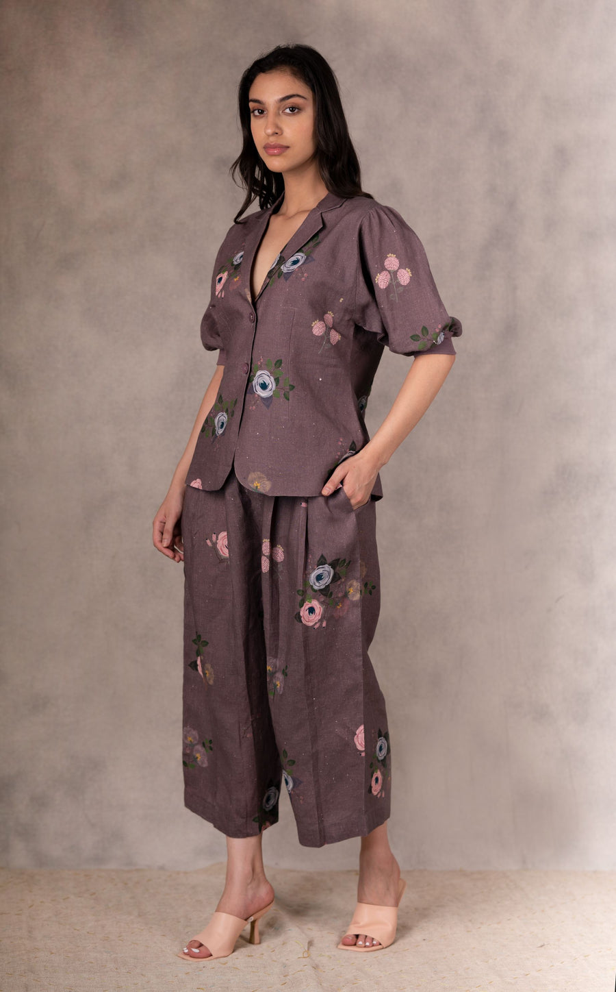 Grape Berry Eden Print Jacket And Culottes In Linen With Ahnd Embroider Details-Culotte And Jacket Set-ARCVSH by Pallavi Singh