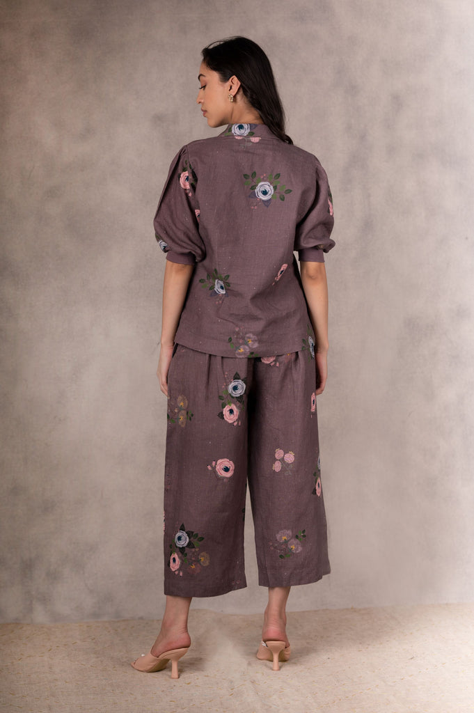 Grape Berry Eden Print Jacket And Culottes In Linen With Ahnd Embroider Details-Culotte And Jacket Set-ARCVSH by Pallavi Singh