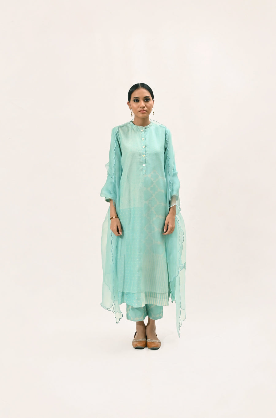 Mint Multi Block Printed Double Layer Kurta Set-Full Set-ARCVSH by Pallavi Singh