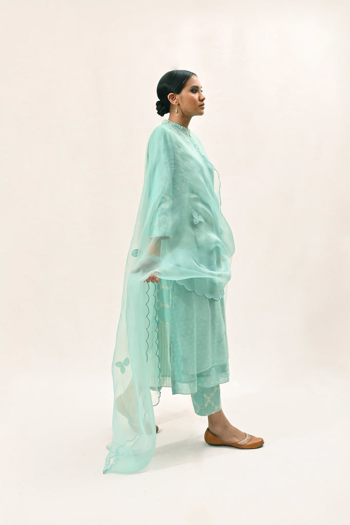 Mint Multi Block Printed Double Layer Kurta Set-Full Set-ARCVSH by Pallavi Singh