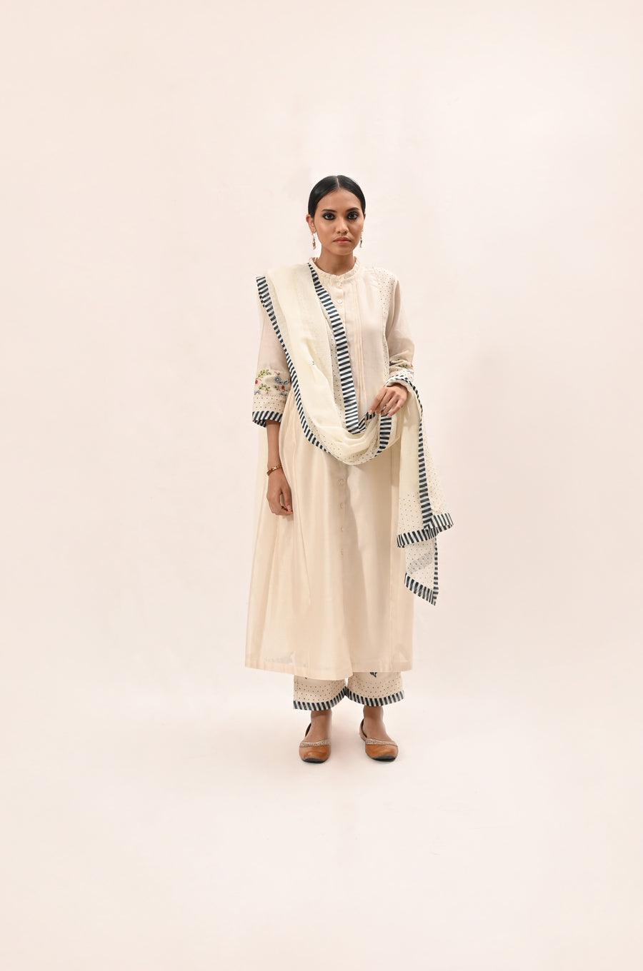 Multi Block Printed Ivory Straight Cut Kurta Set-Full Set-ARCVSH by Pallavi Singh