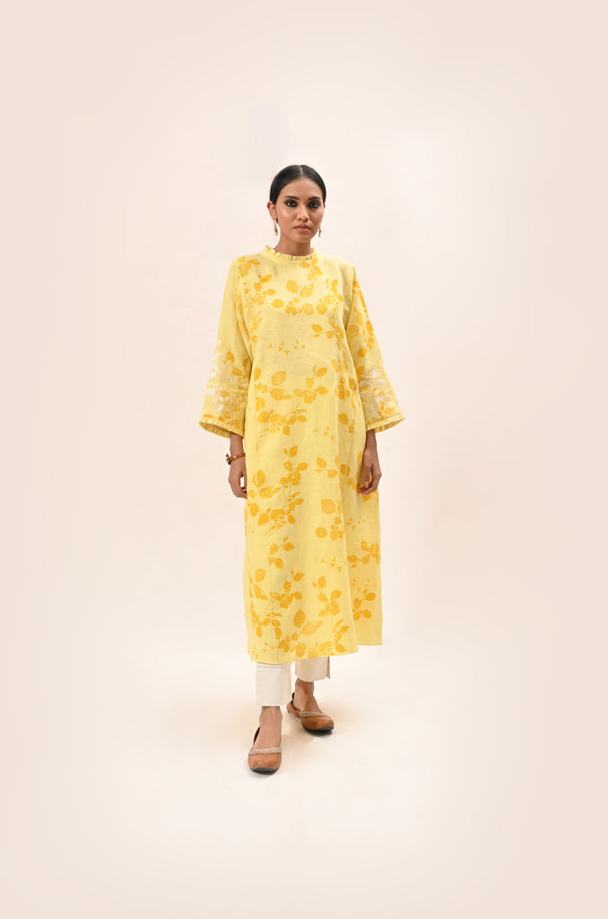 Yellow Printed Linen Kurta Set-Full Set-ARCVSH by Pallavi Singh