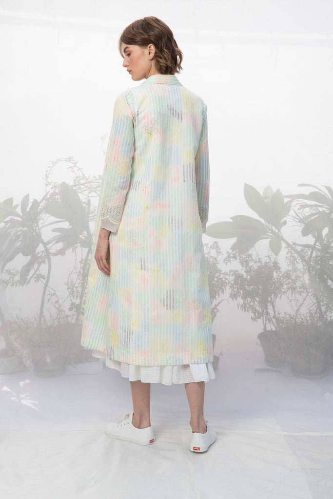 Ivory Stripes Hand Block Printed And Embroidered Jacket-Jacket-ARCVSH by Pallavi Singh