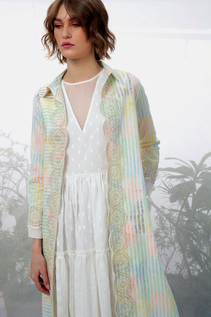 Ivory Stripes Hand Block Printed And Embroidered Jacket-Jacket-ARCVSH by Pallavi Singh