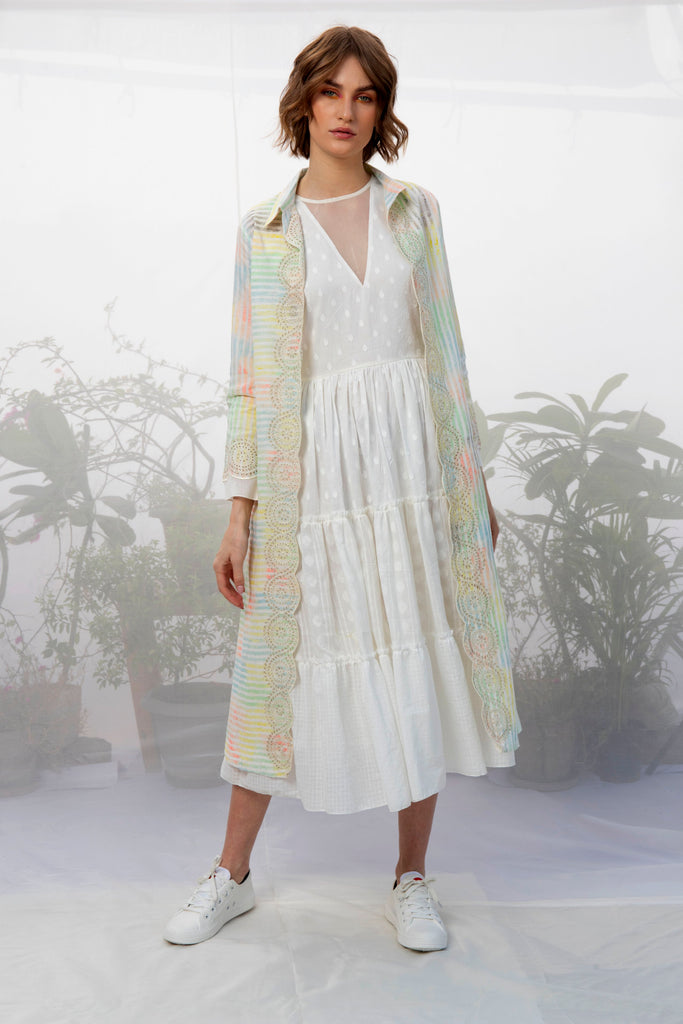 Ivory Multi Stripes Printed Jacket With Dress-Dress-ARCVSH by Pallavi Singh