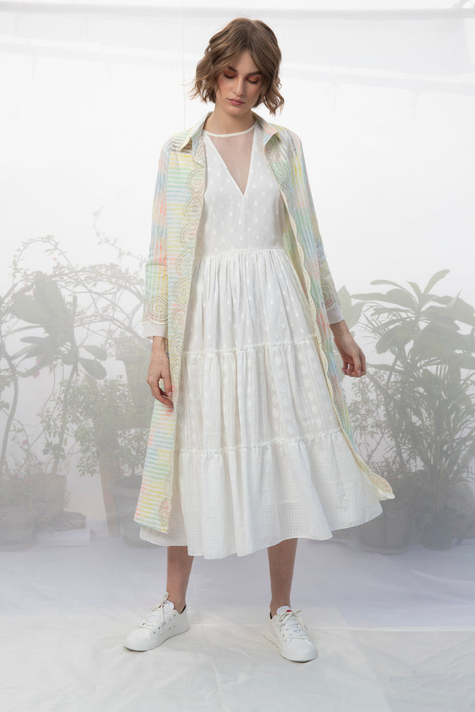 Ivory Stripes Hand Block Printed And Embroidered Jacket-Jacket-ARCVSH by Pallavi Singh