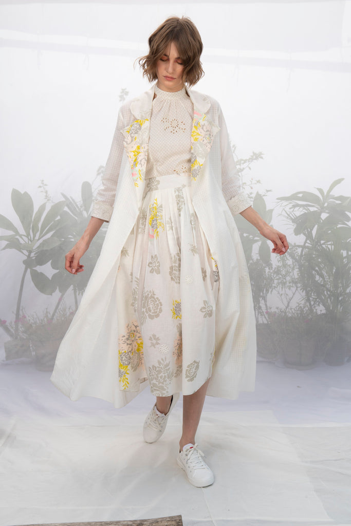 Ivory Roses Print Pleated Skirt-Skirt-ARCVSH by Pallavi Singh