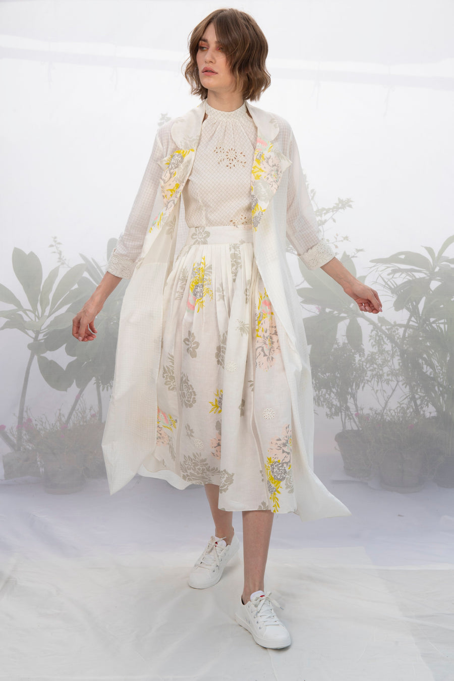 Ivory Textured Khadi Cotton Throw On With Embroidered Sleeve And Printed Collar-Jacket-ARCVSH by Pallavi Singh